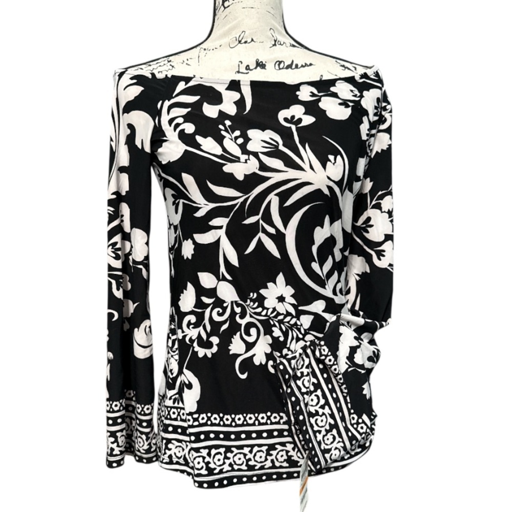 NWT Silky Black & White Elegant Off Shoulder Paisley Floral Pullover Blouse Sz S